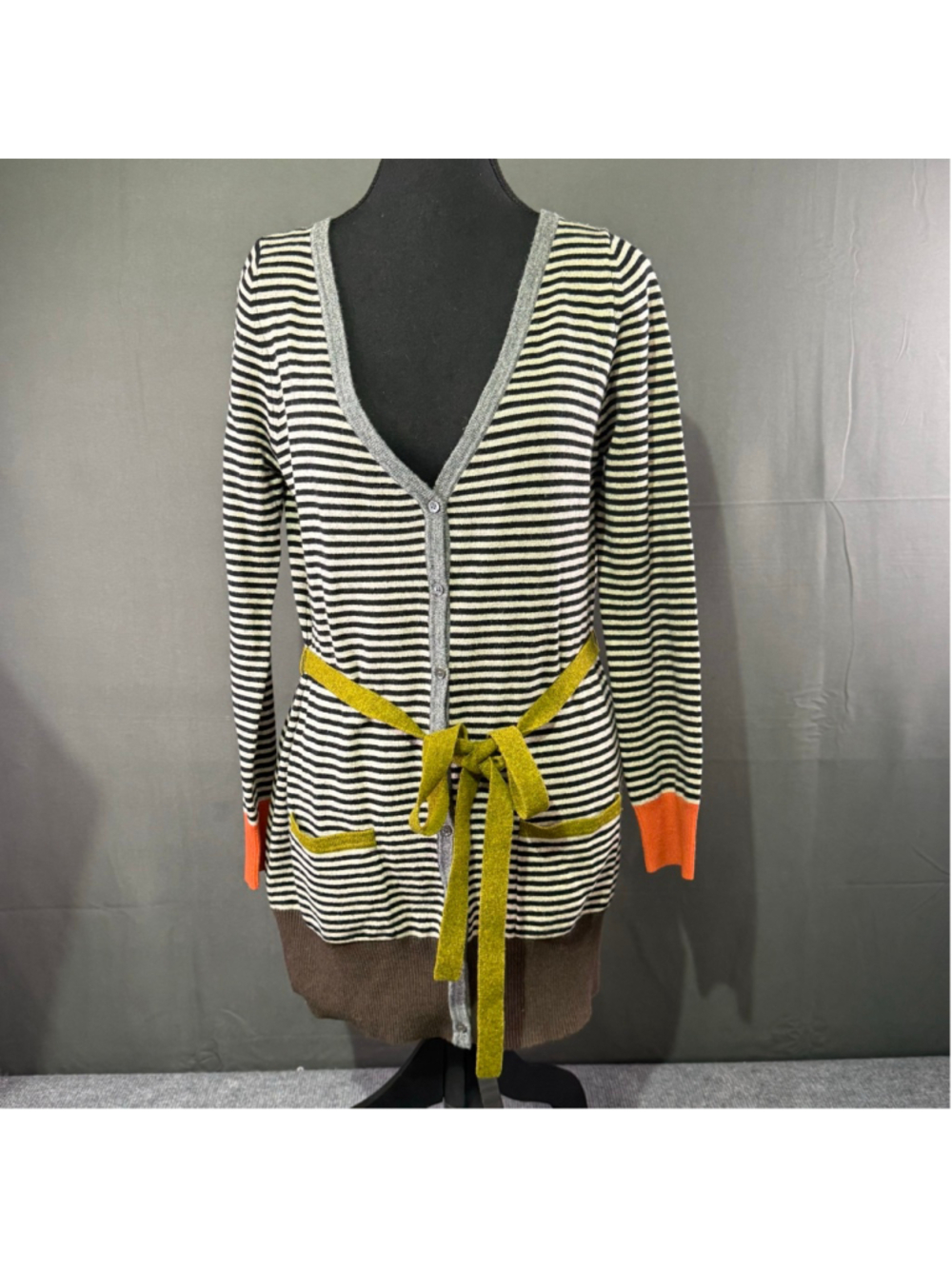 Olive & Orange Orla Kiely Cardigan Women's 6 US Lambswool Belted Striped Preppy